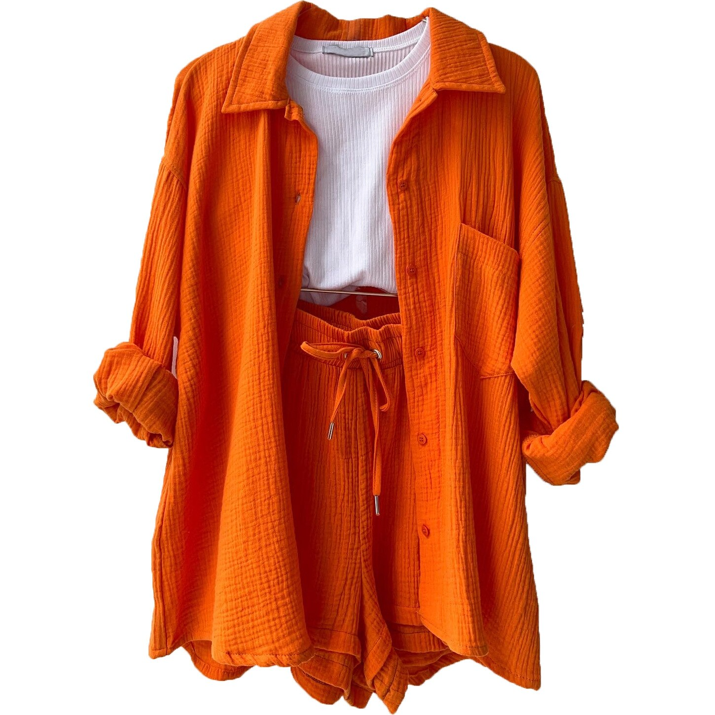 Women's lightweight cotton button-up shirt and shorts set with elastic waist, relaxed everyday style