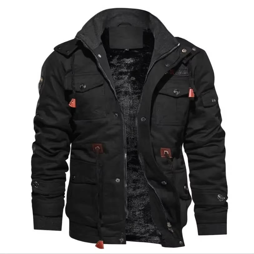 Men's black tactical winter jacket with cargo pockets, rugged warm liner, and streamlined outdoor silhouette