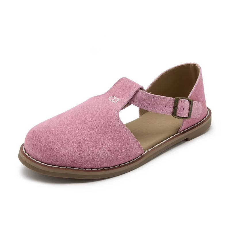 Women's suede T-strap flats in neutral tone, polished casual style with frosted texture upper
