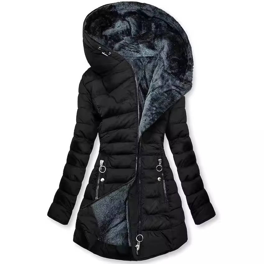 Women's hooded winter coat fluffy polyester fill cozy warm cotton-poly blend sleek silhouette