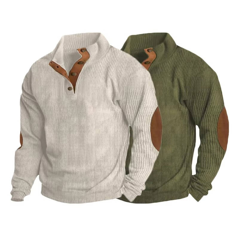 Men's gray button neck pullover sweater classic knit with elbow patches, modern heritage style