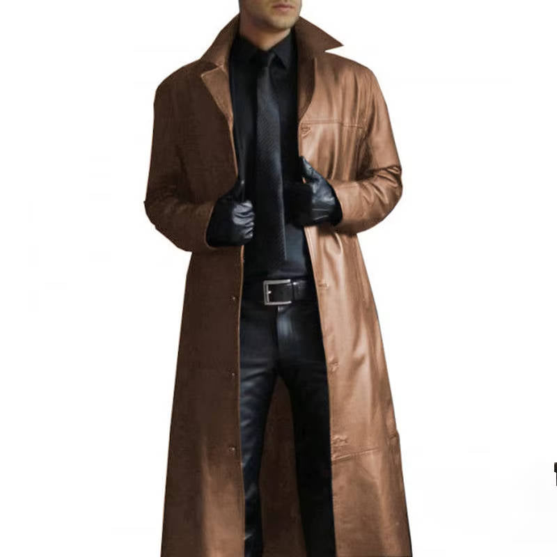Men's black full-length PU leather trench coat windproof vintage-inspired all-season slim outerwear