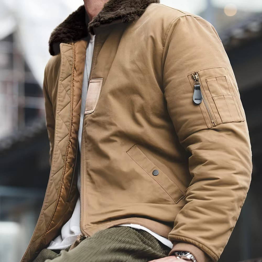 Men's windproof bomber jacket black cotton shell faux rabbit fur collar ultra warm winter outerwear