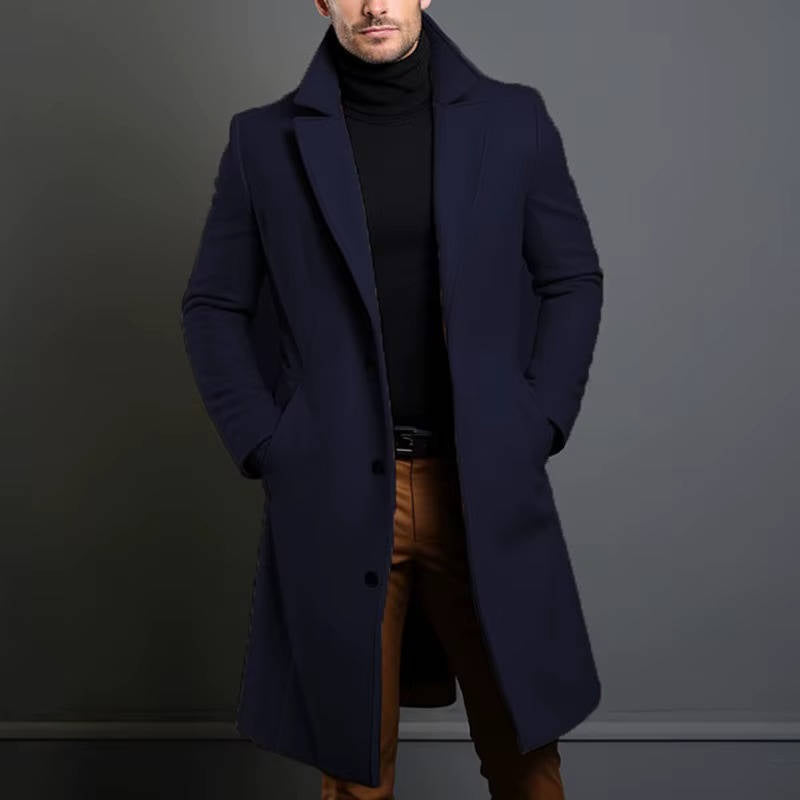 Men's wool blend long overcoat single-breasted tailored fit for formal and casual modern professionals