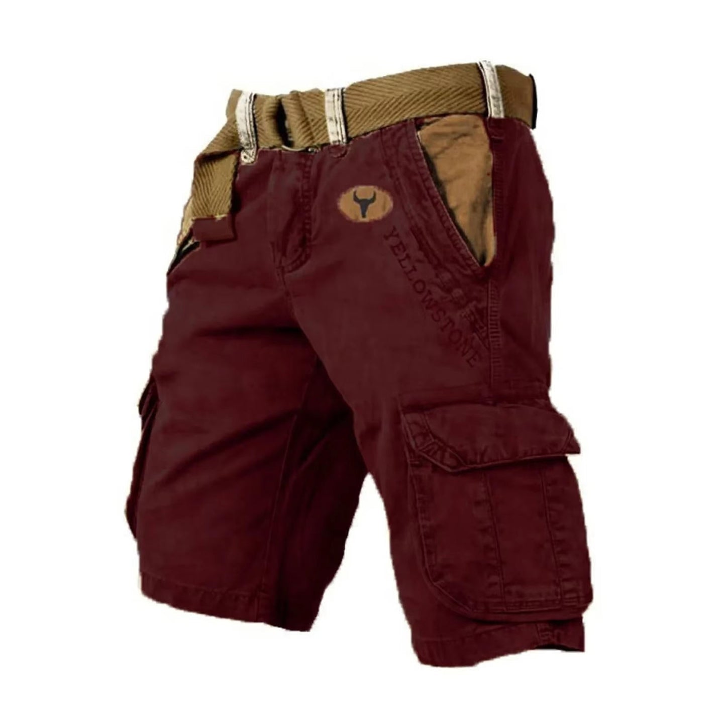 Men's khaki multifunctional cargo shorts with six-pocket layout, relaxed fit for outdoor travel