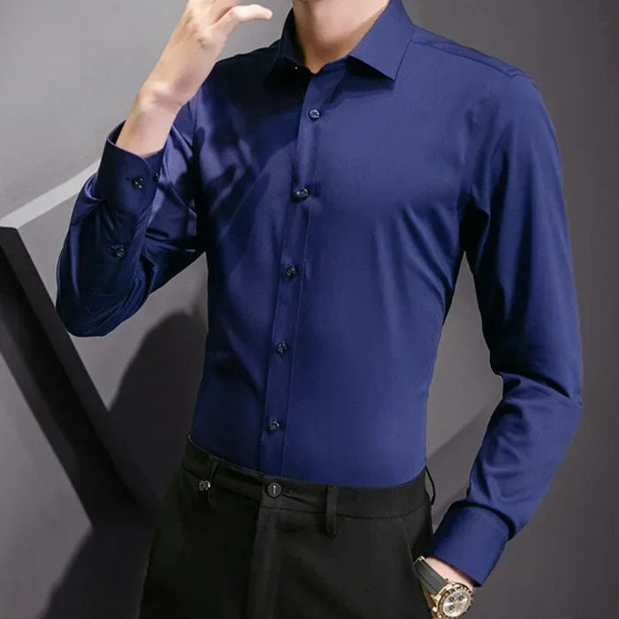 Men's wrinkle-resistant pocketless dress shirt slim stretch fit long sleeve professional style