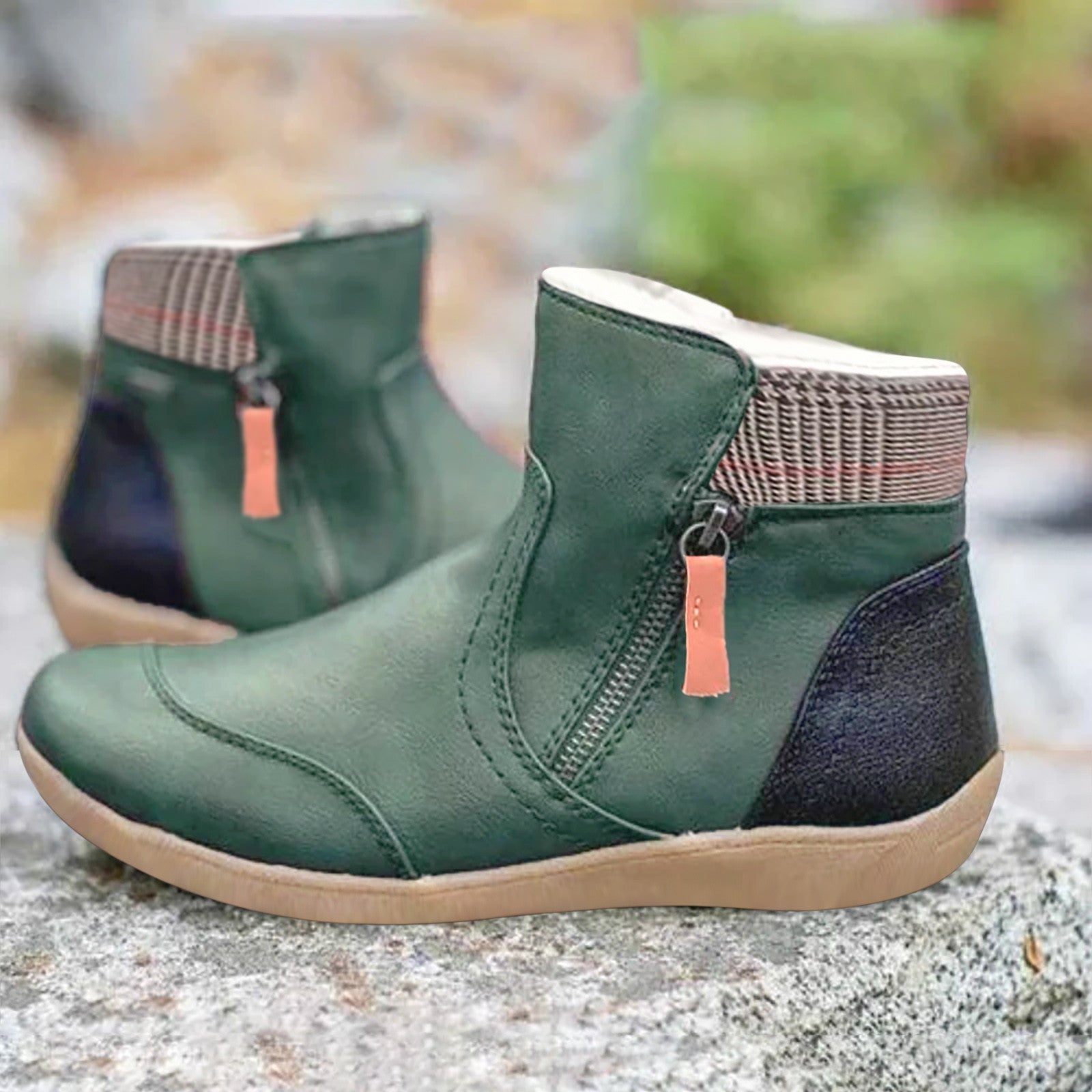 Black insulated ankle boots for women with side zipper and checkered plaid collar detail