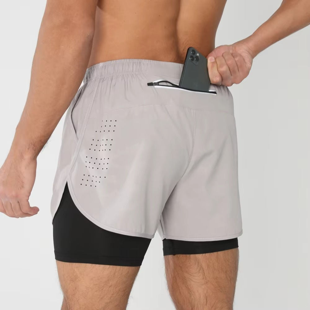 Men's dual-layer sports shorts black gym swim run compression liner with phone pocket
