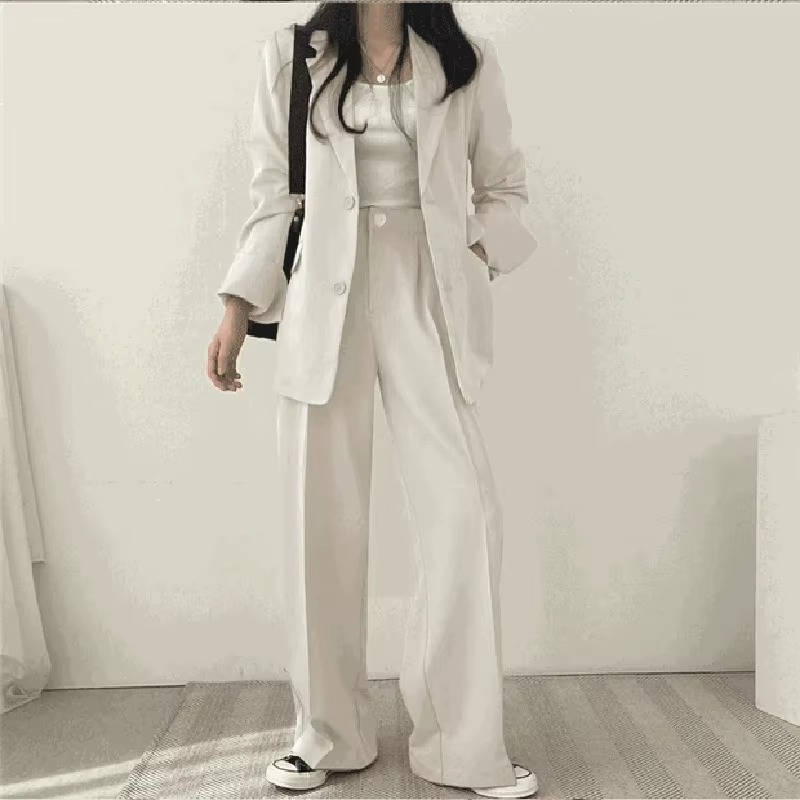 Women's casual pant suit set, wide-leg trousers and blazer, easy-care polished two-piece workwear