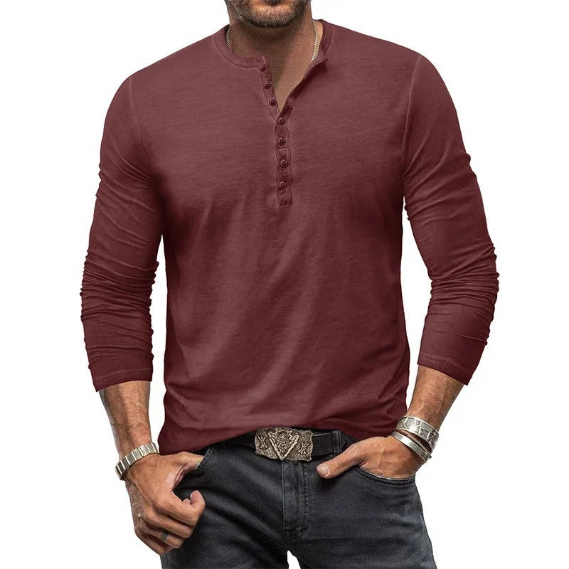 Men's white cotton long sleeve Henley shirt with stretch fabric and classic button placket