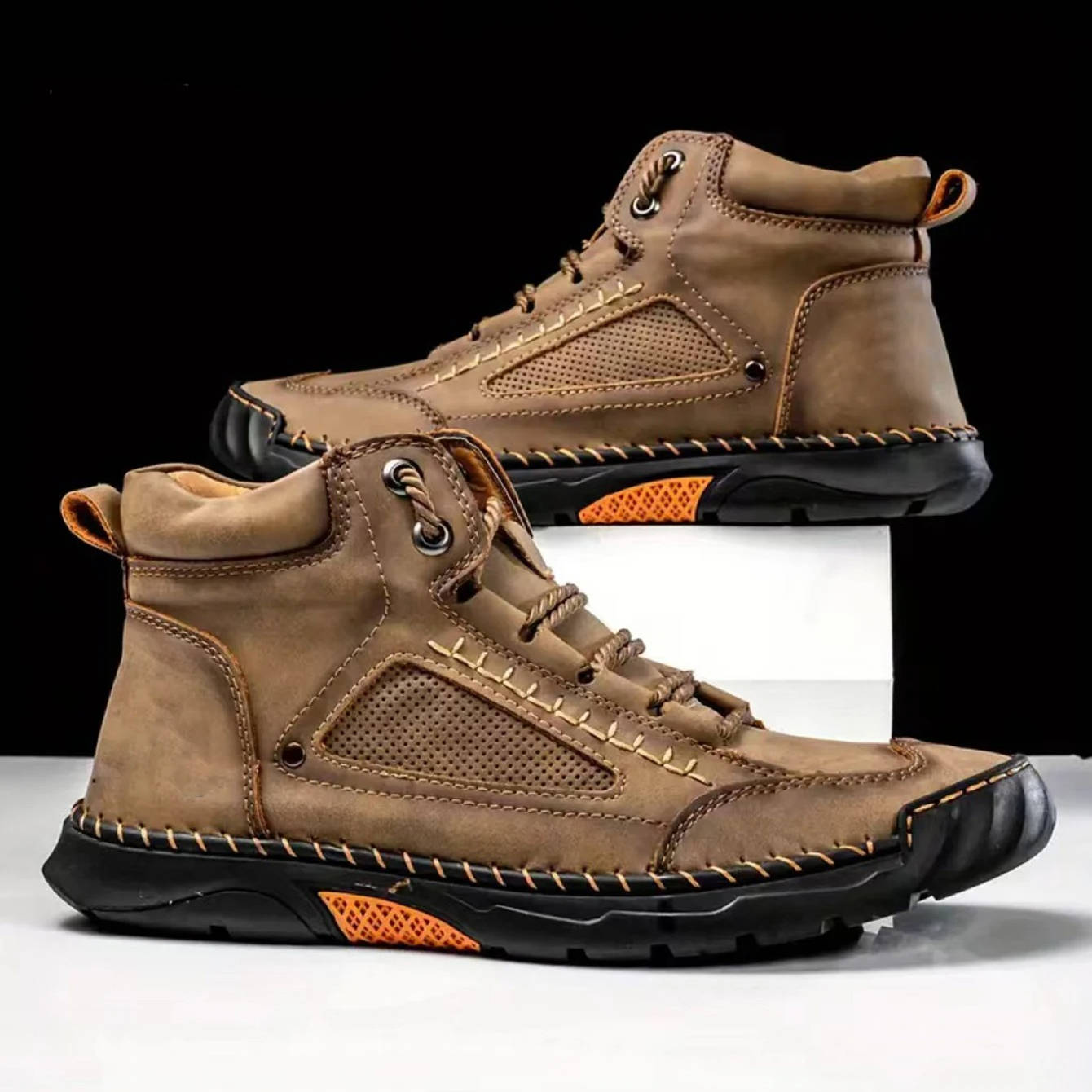 Men's brown waterproof leather hiking boots with arch support and seam-sealed rugged construction