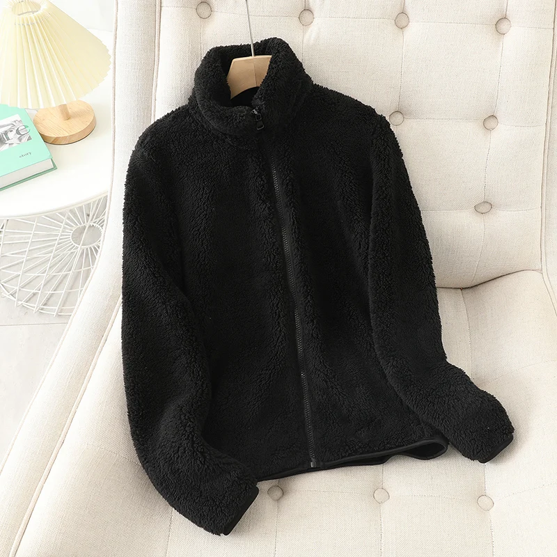 Women's plush fleece reversible relaxed fit high neck zip-up jacket for cozy warmth