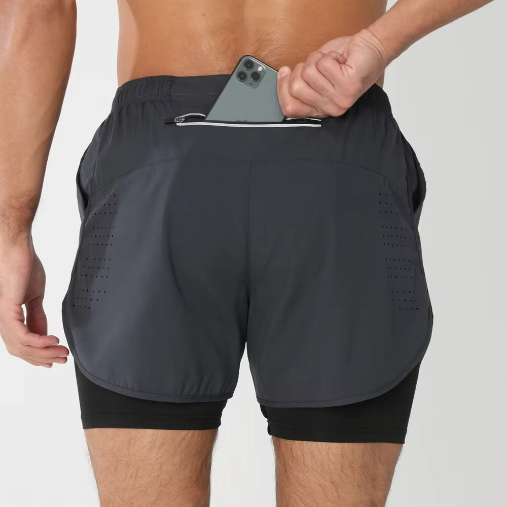 Men's dual-layer sports shorts gray gym swim run with secure phone pocket compression liner