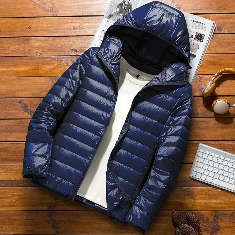 Men's slim fit puffer jacket hooded lightweight weather-resistant outerwear in neutral tone