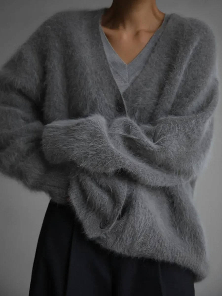 Women's fuzzy cropped cardigan soft mink fabric V-neck button-front cozy chic layering sweater