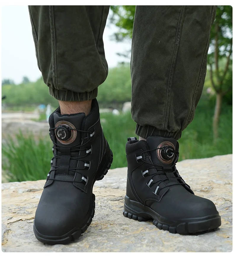 Black waterproof steel toe work boots with slip-resistant sole and QuickRelease rotating dial closure