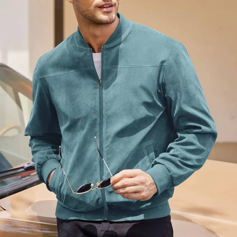 Men's light brown faux suede bomber jacket tailored slim fit with ribbed cuffs everyday versatile wear