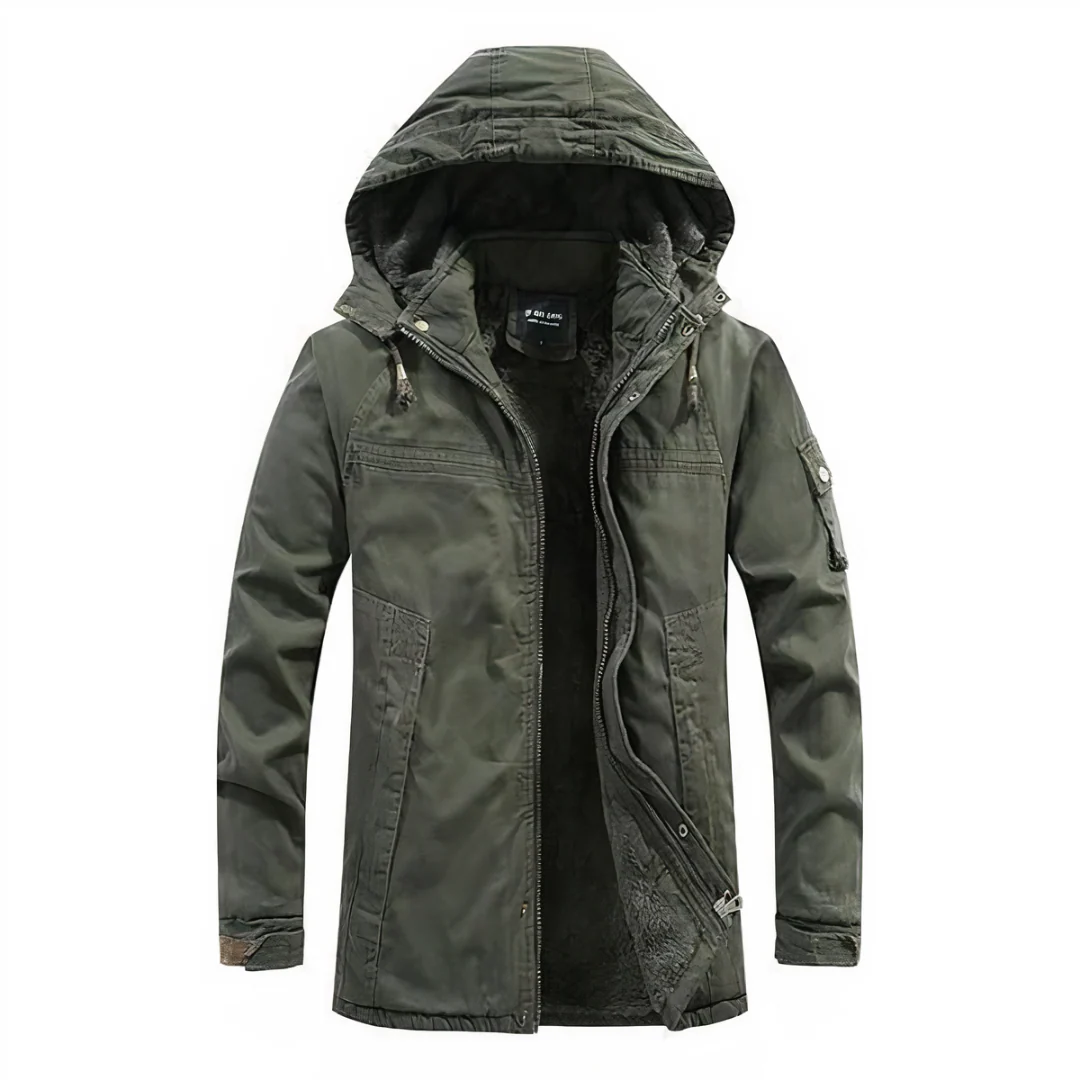 Men's fur-lined hooded jacket in neutral windproof shell with zip front closure and multiple pockets