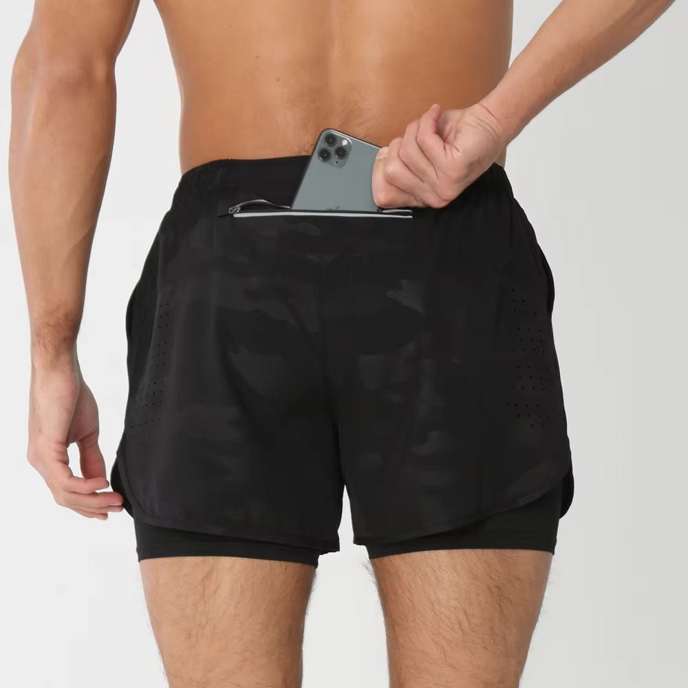 Men's dual-layer sports shorts gray slim-fit compression liner with phone pocket for gym swim run
