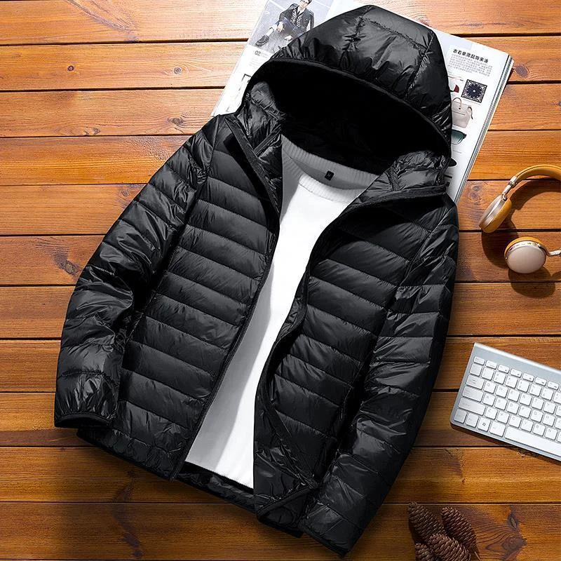 Men's slim fit hooded puffer jacket lightweight weather resistant outerwear in neutral tone