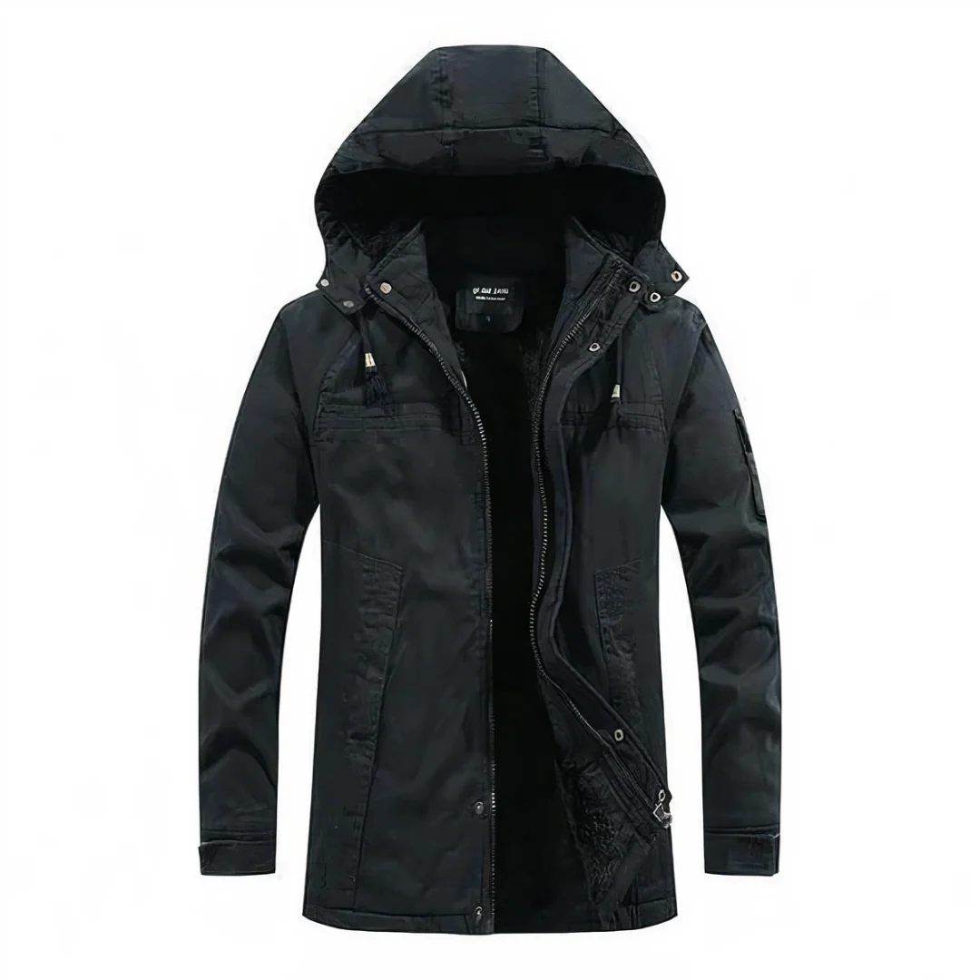 Men's fur-lined hooded jacket in neutral tone, windproof zip-front winter coat with multiple pockets
