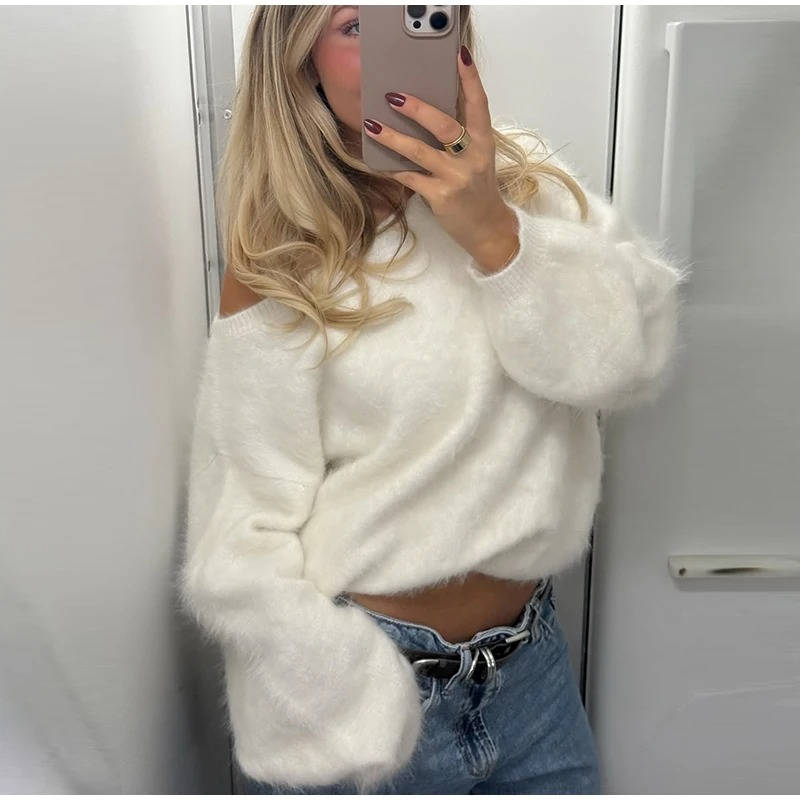 Women's cropped fluffy mohair blend fur sweater in plush off-shoulder silhouette for chic weekend style