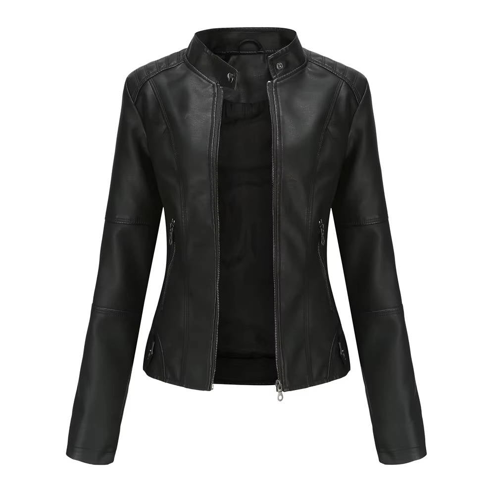 Women's slim fit black PU leather jacket with antique finish and flattering vintage silhouette