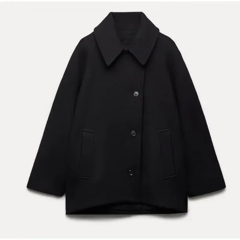 Women's oversized mid-length wool blend coat with wide collar and side pockets, chic structured silhouette