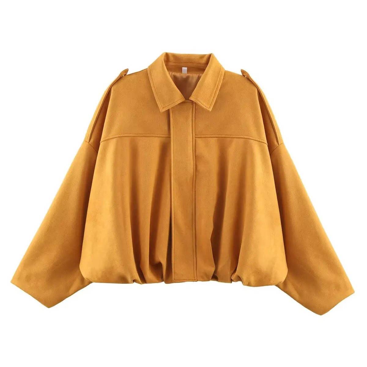 Women's cropped suede-like bomber jacket with collar, waist-length cut for effortless day-to-night style