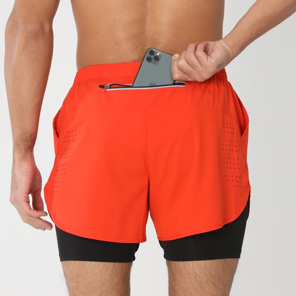 Men's dual-layer sports shorts gray gym swim run with built-in compression liner and phone pocket