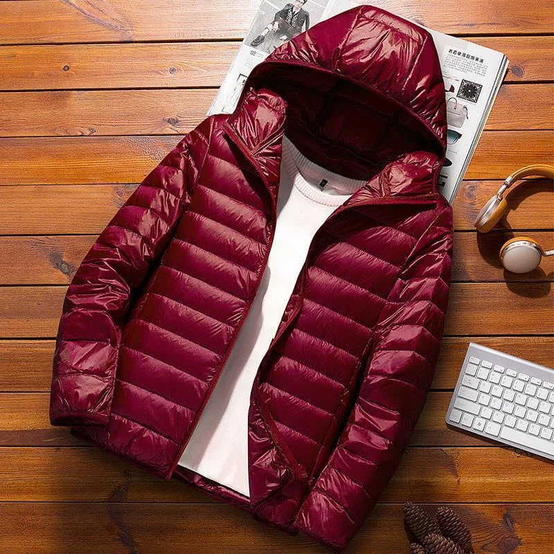 Men's slim fit puffer jacket hooded lightweight weather resistant outerwear in versatile neutral tone