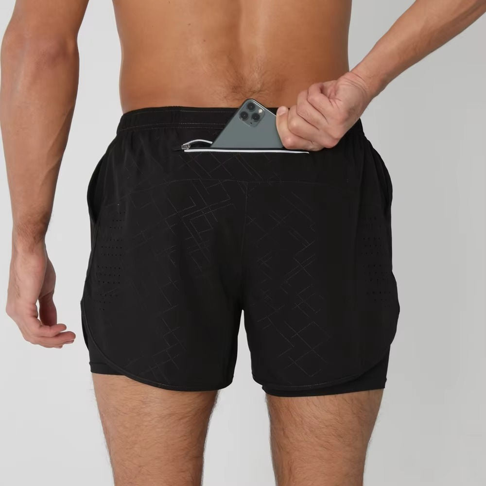 Men's dual-layer sports shorts gray slim-fit compression liner with phone pocket for gym swim run