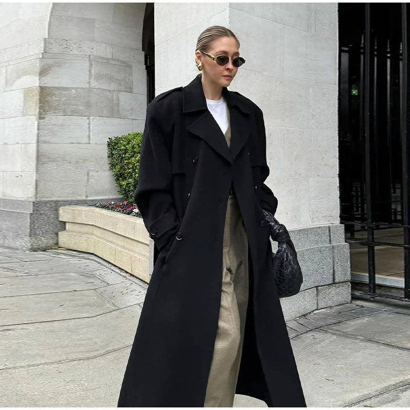 Women's double breasted wool overcoat lace-up detail tailored silhouette warm polished winter style