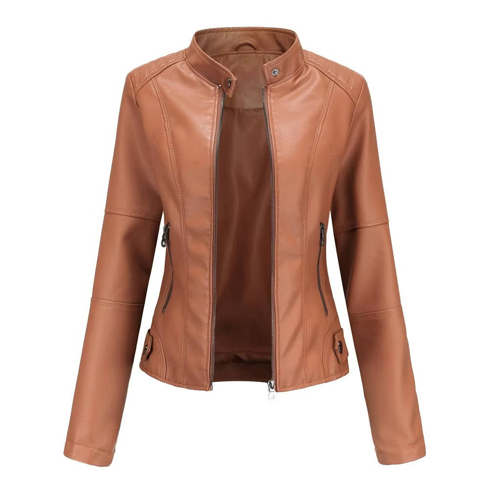 Women's slim fit black PU leather jacket with vintage antique finish and flattering everyday silhouette