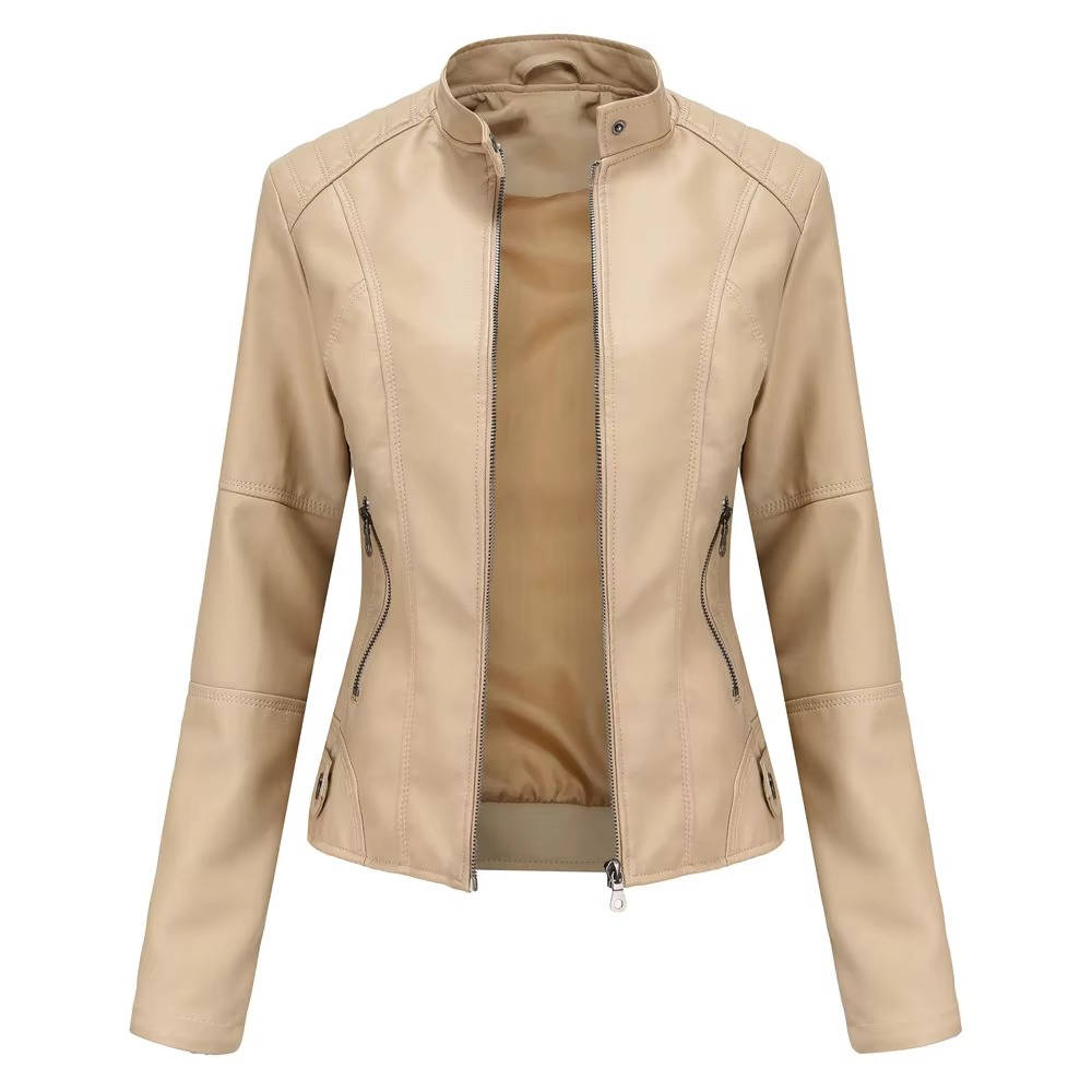 Women's slim fit black PU leather jacket with vintage antique finish and flattering everyday silhouette