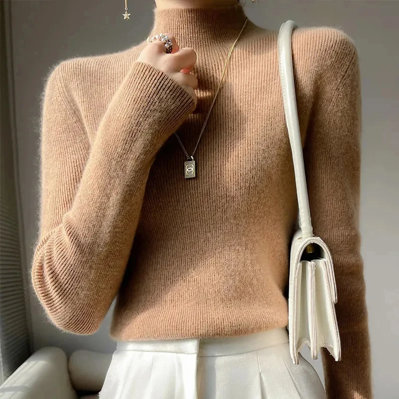 Women's slim fit wool blend turtleneck pullover sweater with ribbed edges in cozy knit