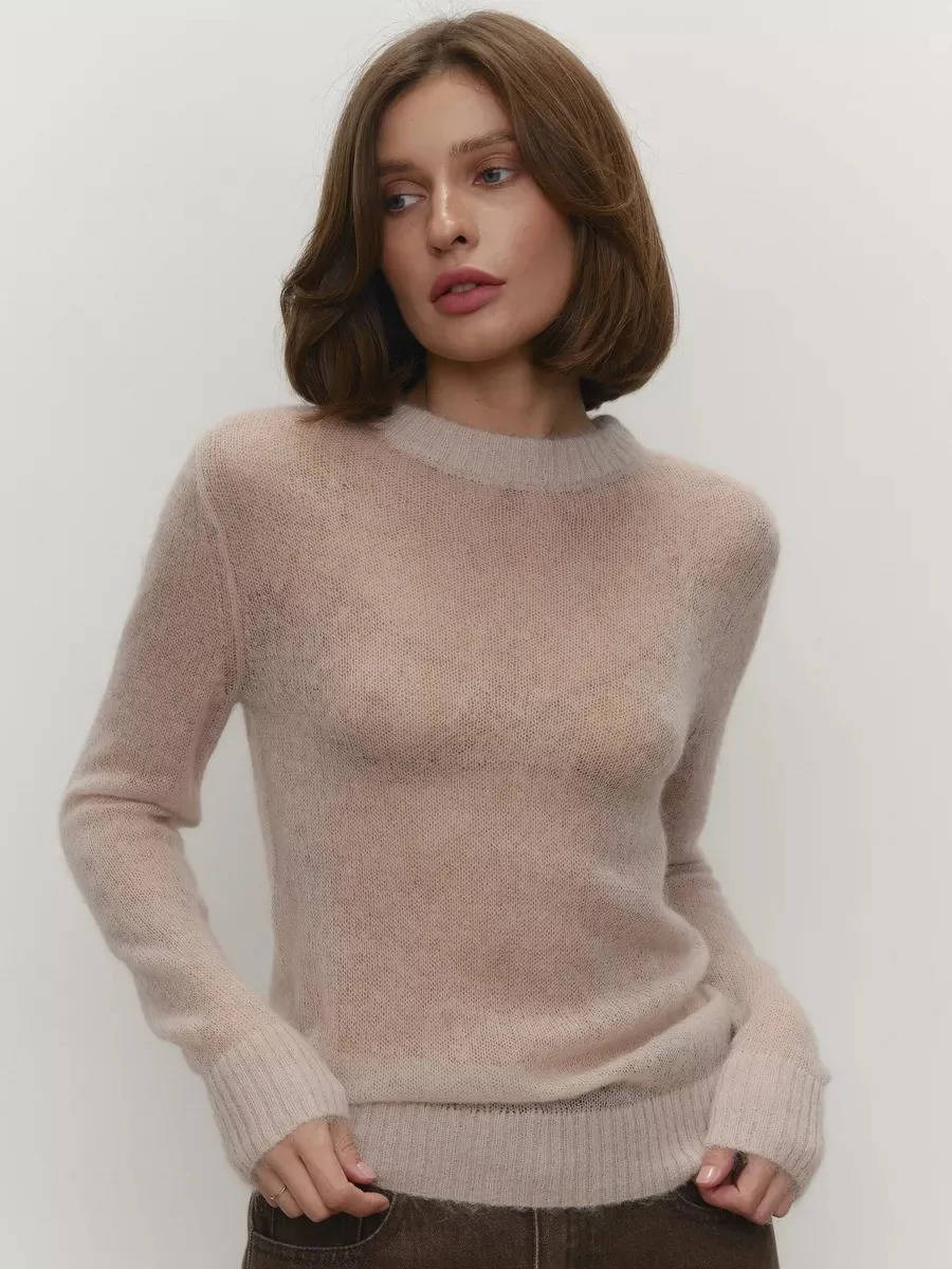 Women's lightweight semi-sheer mohair knit sweater O-neck pullover in neutral tone for layering