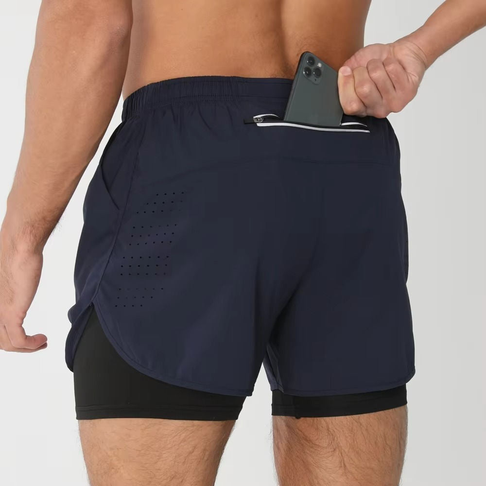 Men's dual-layer sports shorts gray gym swim run training with phone pocket compression liner