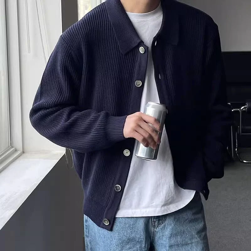 Men's relaxed fit knitted cardigan sweater with button-front closure and structured collared neckline