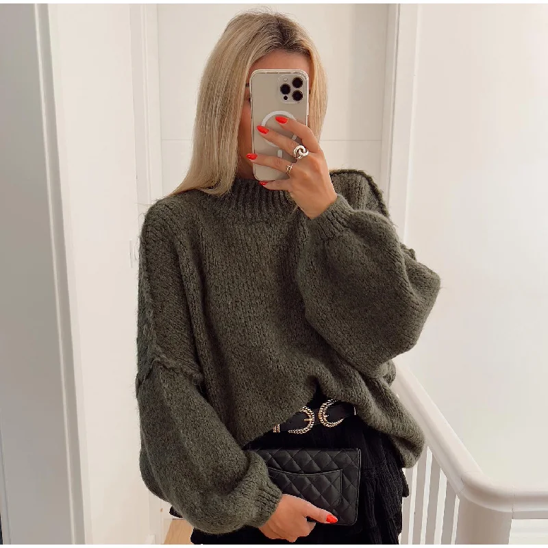 Women's oversized knit sweatshirt long length balloon sleeves round neck cozy relaxed fit