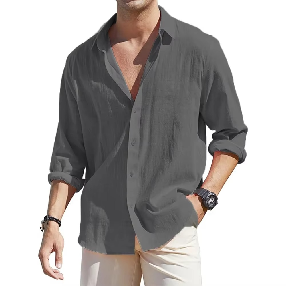 Men's long sleeve relaxed fit linen shirt breathable lightweight button-down everyday casual style
