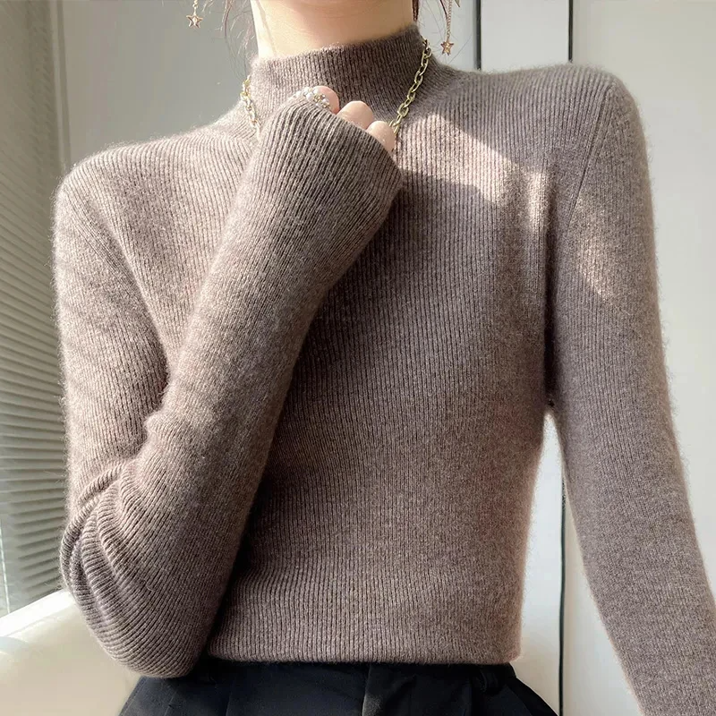 Women's slim fit wool blend turtleneck pullover sweater with ribbed edges in cozy knit fabric