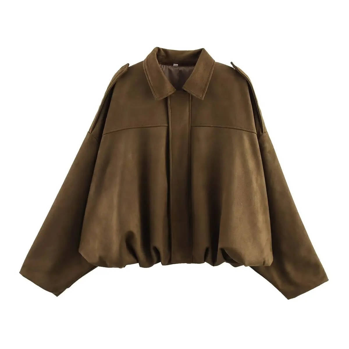 Women's cropped suede bomber jacket with collar, waist-length cut for effortless day-to-night styling