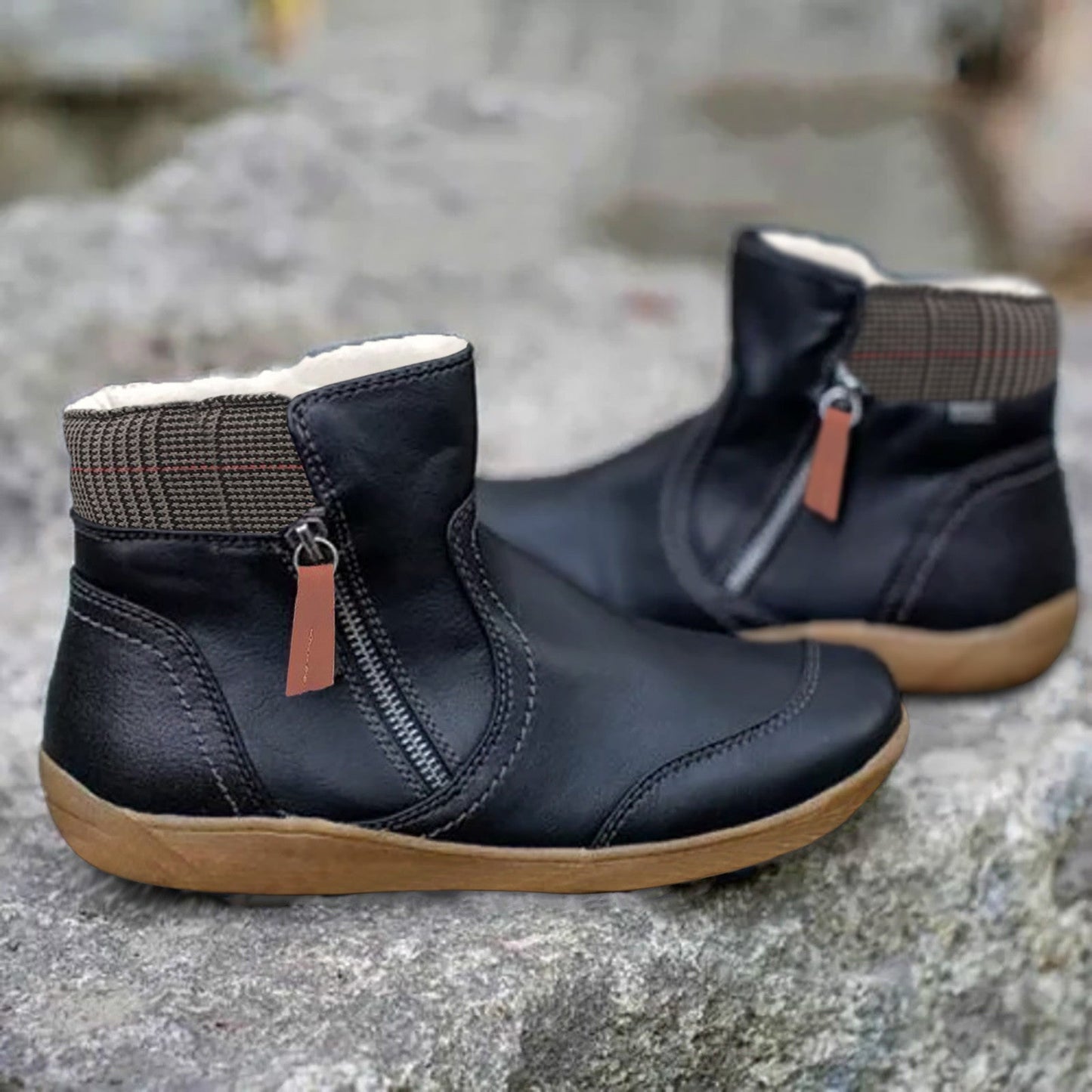 Black insulated women's ankle boots with side zipper and chic plaid collar detail for winter