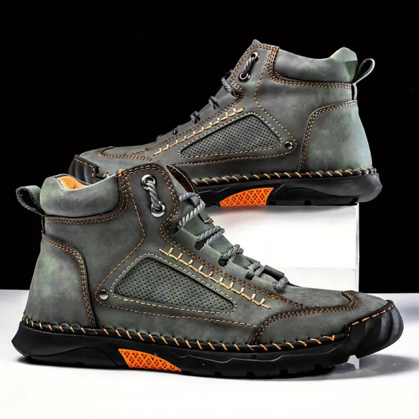 Men's brown waterproof leather hiking boots with arch support and seam-sealed all-day comfort