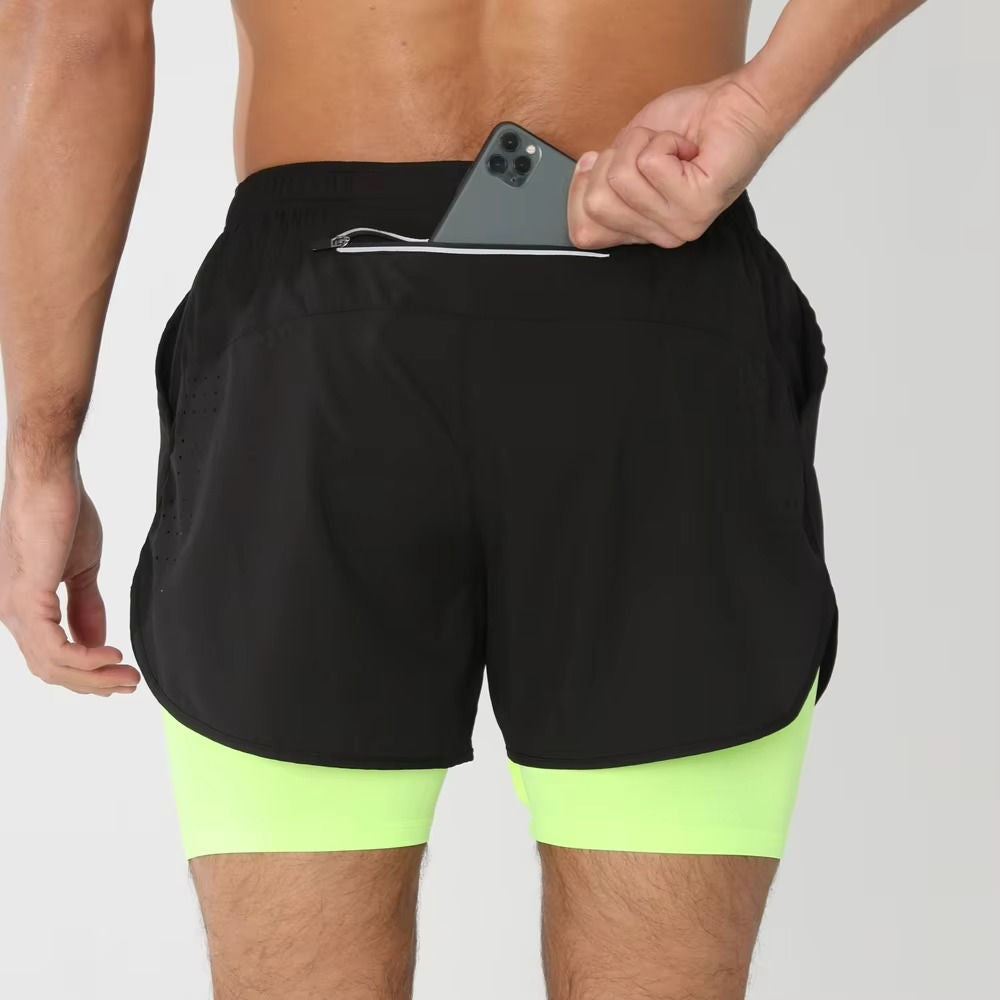 Men's dual-layer sports shorts grey gym swim run compression liner with phone pocket