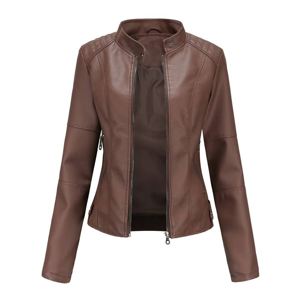 Women's slim fit black PU leather jacket with vintage antique finish and flattering silhouette