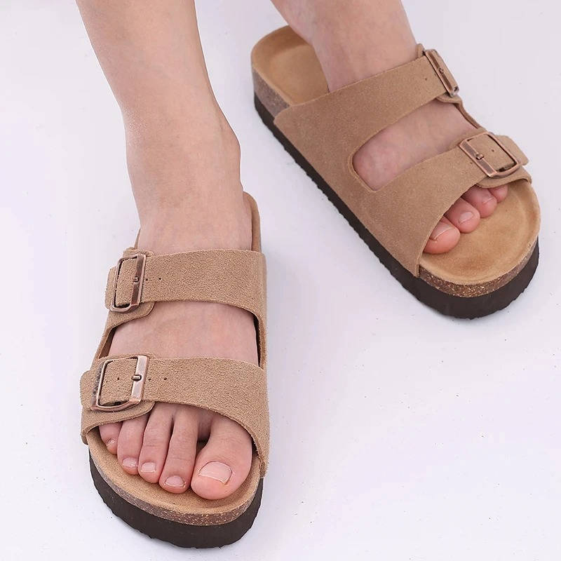 Cork footbed sandals double buckle straps natural arch support unisex casual style
