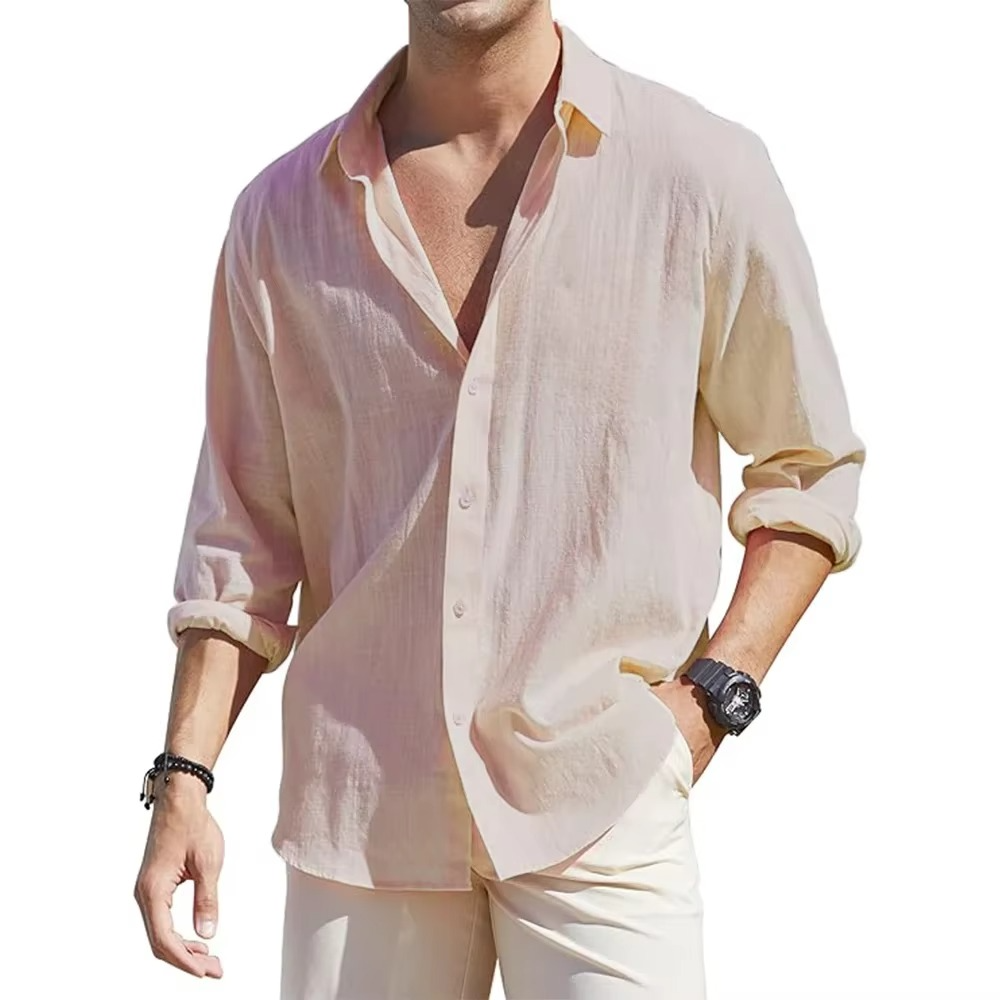 Men's relaxed-fit long sleeve linen blend shirt breathable button-down everyday casual style