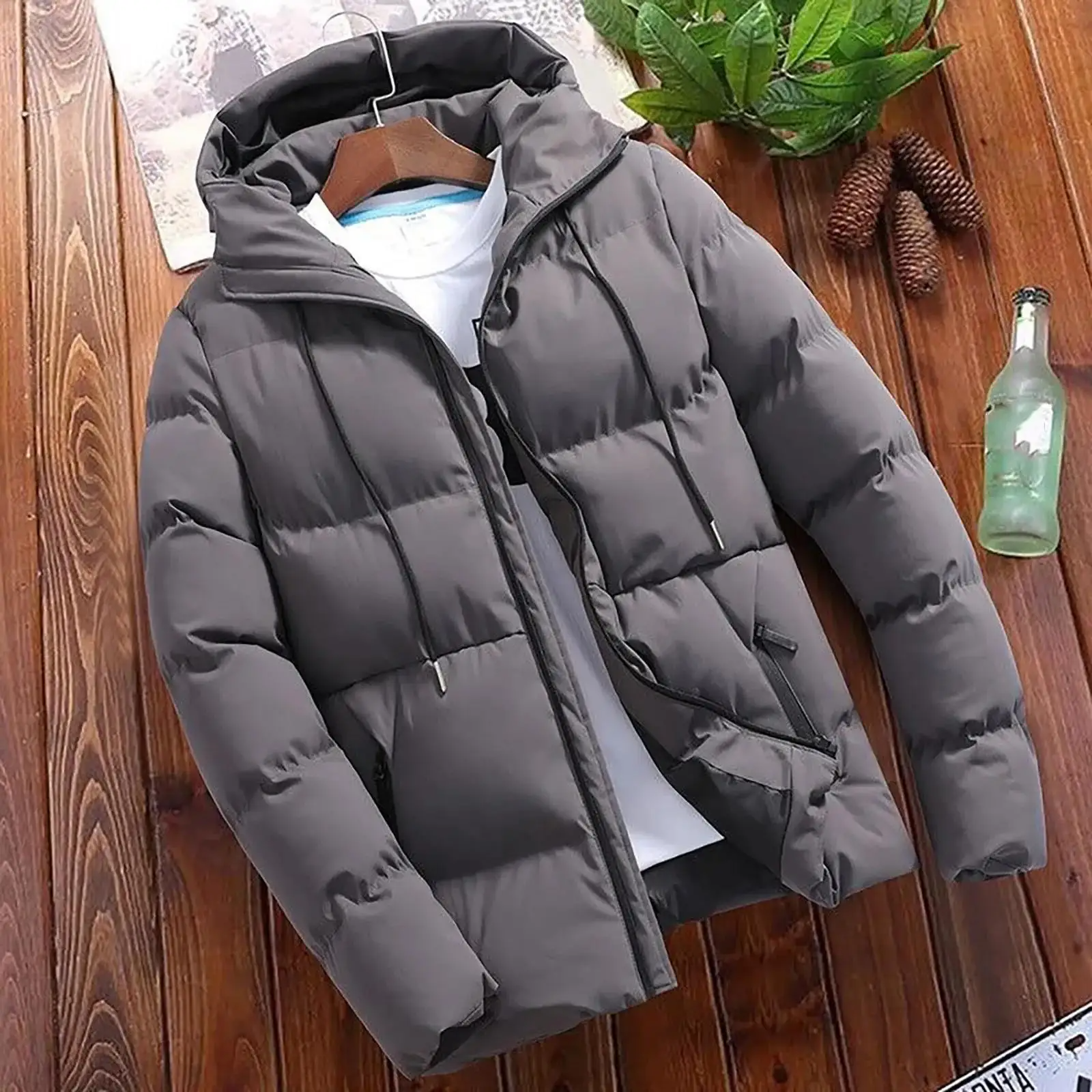 Men's padded parka jacket casual regular fit wind-resistant hood with drawstring in neutral tone
